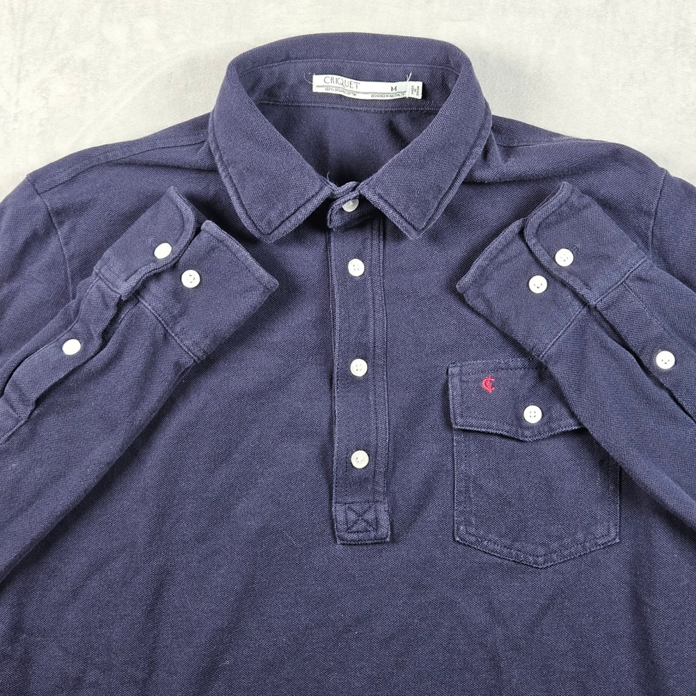 Criquet Polo Shirt Mens Medium Navy Blue Long Sleeve Organic Cotton Pocket